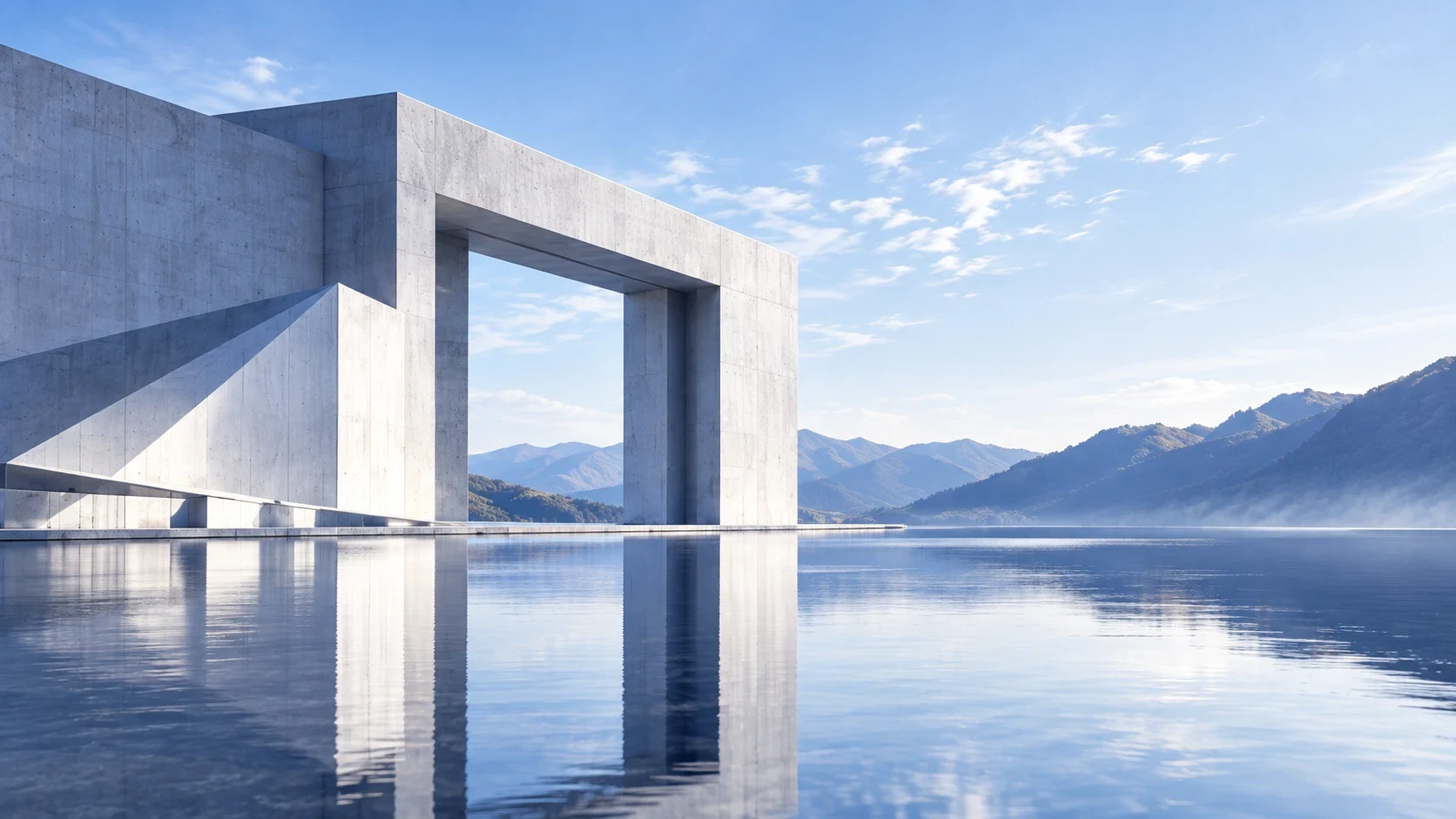 湖面上的清水混凝土门框建筑，远山与天空