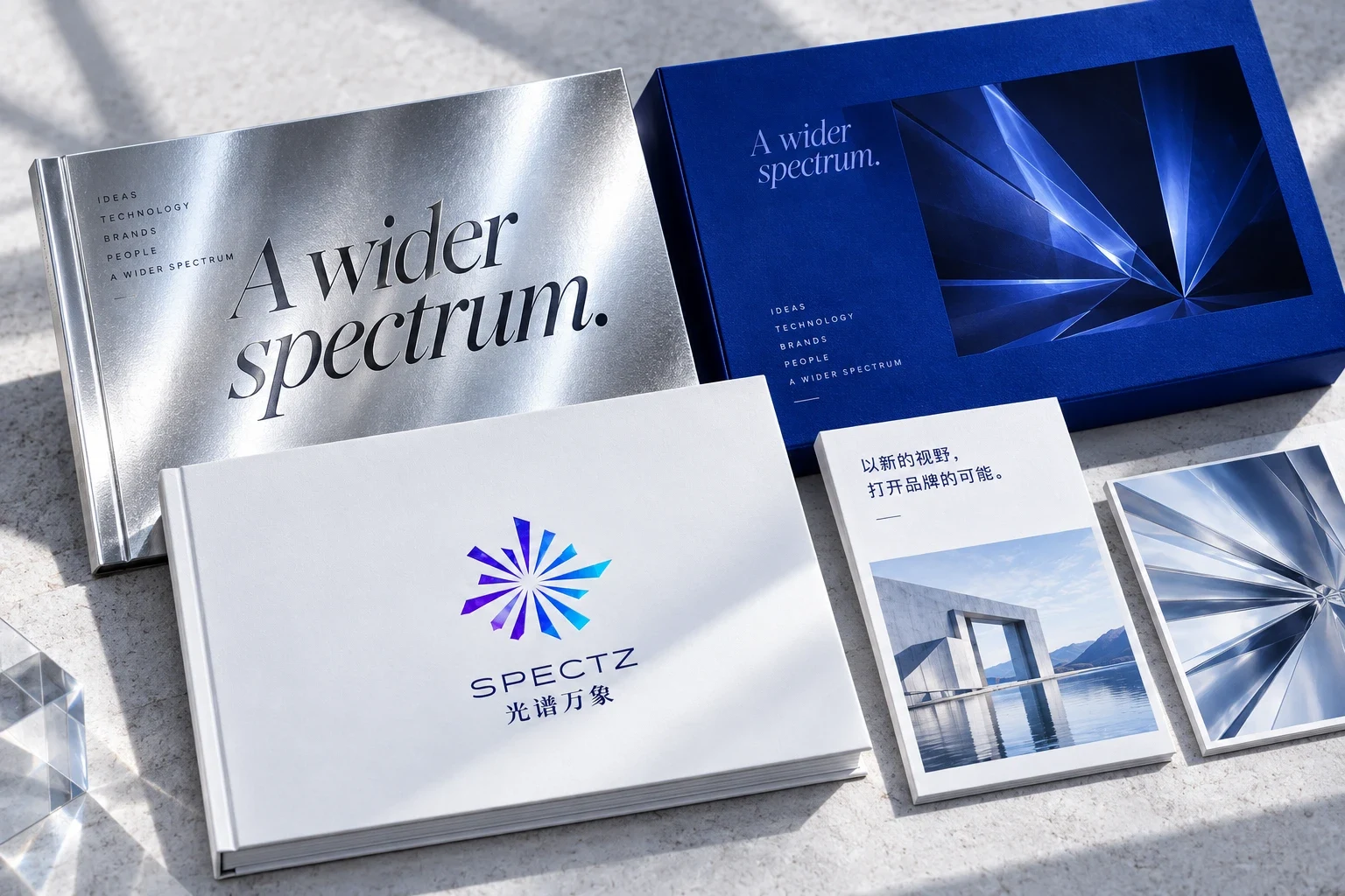 SPECTZ 品牌物料：银色烫印画册、蓝色礼盒、白色精装手册与卡片